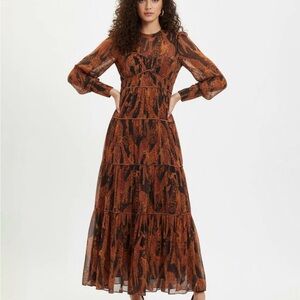 Anthropologie Farm Rio Giraffes Puff Sleeve Tiered Maxi Dress - Small